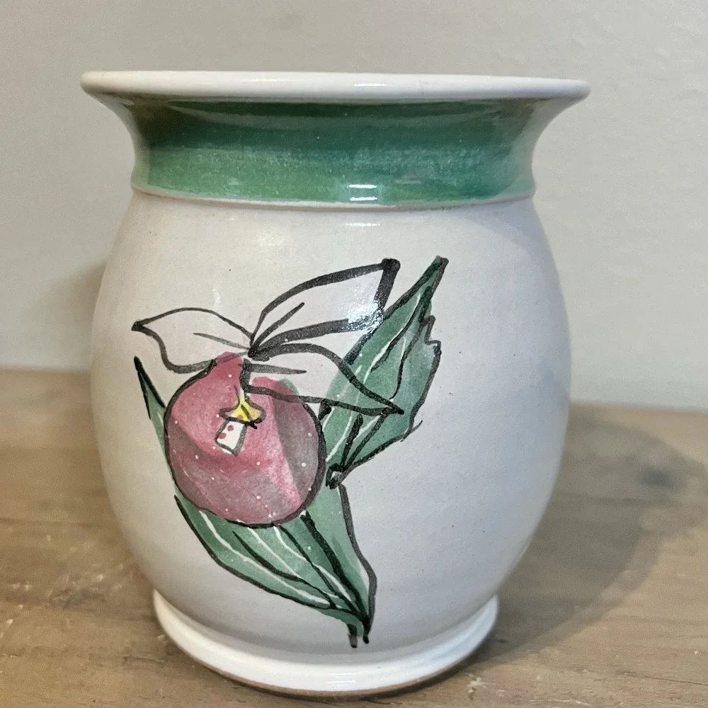 Vtg Stoneware Specialties Vase Lady Slipper Flower Hand Painted 5